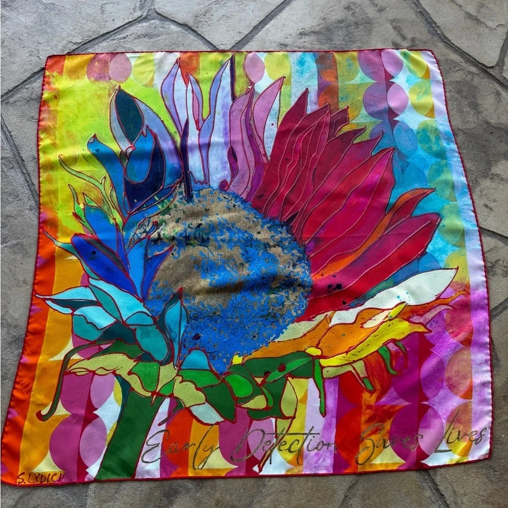 Roki Design Silk Scarf “Early Detection Saves Lives” Italian Silk Twill 35”